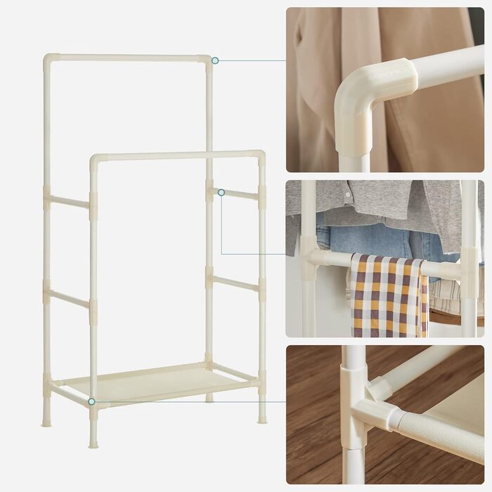 SONGMICS Стійка для одягу металева, з 2 перекладинами та полицею, біла, до 55 кг, проста збірка RDR01WT