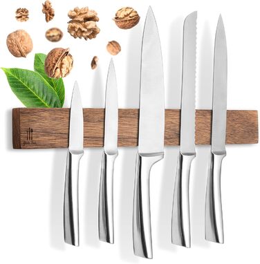 Magnetic Knife Strip, Wood, Self-Adhesive, No Drilling Required - XL Knife Strip for up to 10 Knives - 43x6.2cm - [ROCK SOLID] - Magnetic Knife Block made of Walnut Wood for the Kitchen - Magnetic Knife Holder