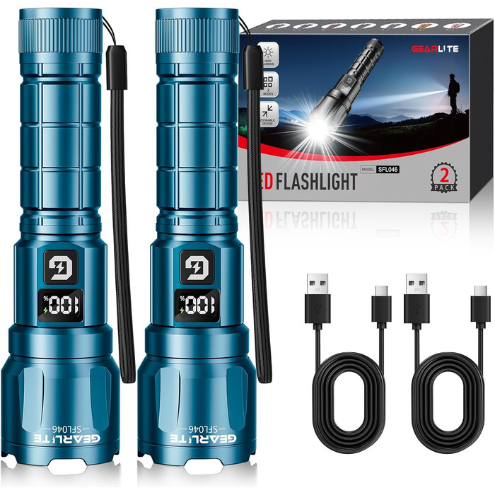 LED ліхтарик Gearlite з підзарядкою, 6000 люмен, тактичний, з регулюванням фокусу, 3 режими, водонепроникний IP65, для кемпінгу, риболовлі, надзвичайних ситуацій, походів (блакитний, 1 шт.)