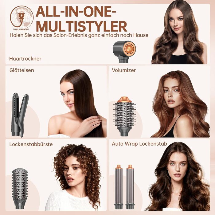 Webeauty Airstyler 7-в-1: фен-щітка, плойка, випрямляч, 110000 об/хв, 25 м/с, 500 млн негативних іонів, сірий золотий