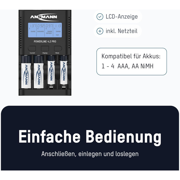 Зарядний пристрій Powerline 8 для акумуляторів AA/AAA з LED-дисплеєм, дефектоскопією та захистом від перевантаження