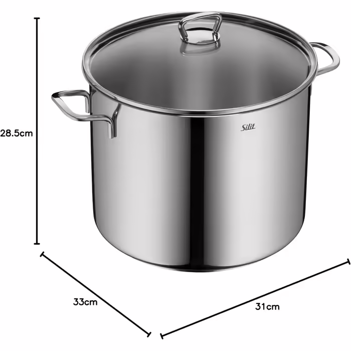 Silit Vegetable Soup Pot Induction 28cm, Glass Lid, 12L Tall Pot, Polished Stainless Steel, Large Induction Pot, Uncoated, Oven-Safe