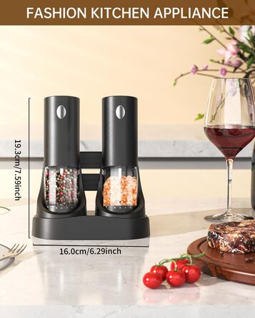 Електрична млин для солі та перцю CIRCLE JOY (2 шт) з док-станцією, 95 мл, регульована ступінь помелу, LED-підсвічування, чорний
