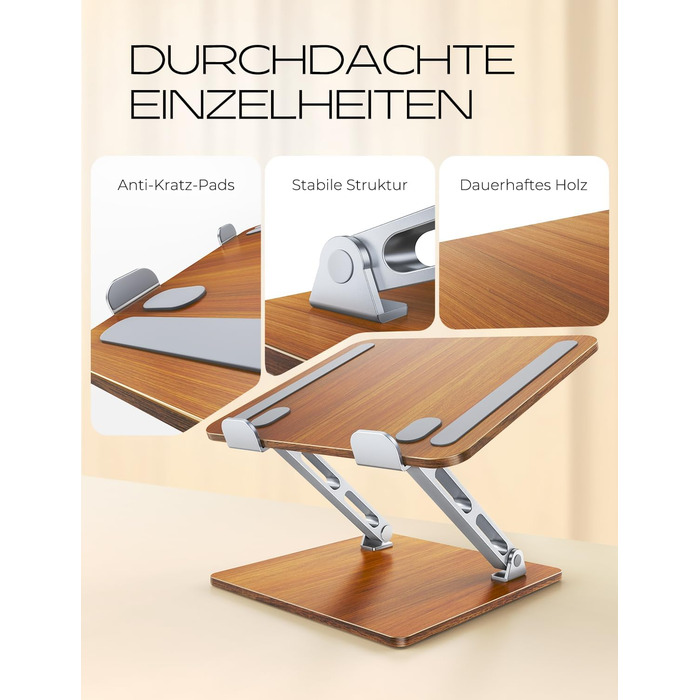 Регульований підставка для ноутбука: алюміній та дерево, складна, сумісна з MacBook, HP (10-16 дюймів)
