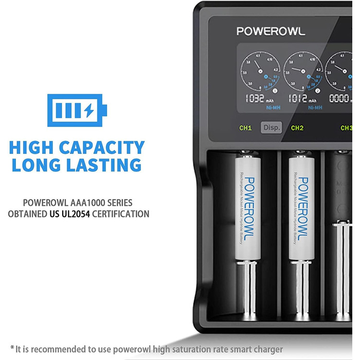 Зарядний пристрій Powerowl для акумуляторів AAA/AA з 8 слотами, 8 шт. акумуляторів AAA 1000mAh, Micro-USB, універсальний заряд для NI-MH/NI-CD акумуляторів