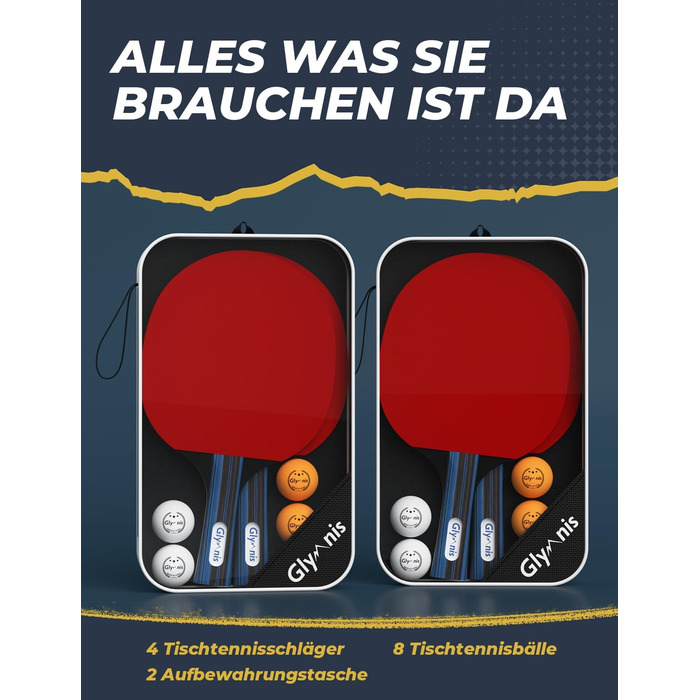 Набір для настільного тенісу Glymnis: 4 ракетки, 8 м'ячів, компактна сумка. Підходить для початківців, сім'ї та професіоналів