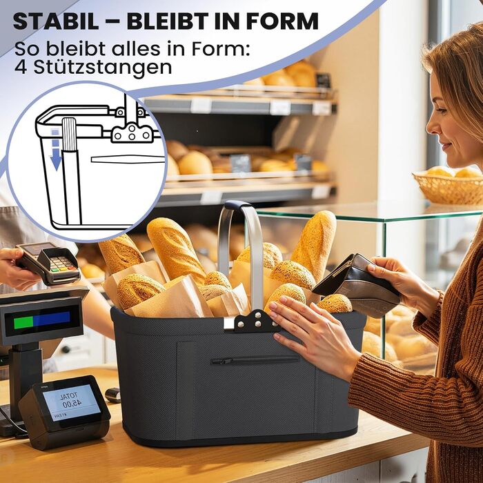 Складаний кошик для покупок на 30 літрів з 4 стійкими ніжками | Міцний кошик для перенесення та пікніків | Великий сімейний кошик (46x27x25 см) | З м'якими ручками | Для покупок, подорожей, кемпінгу (30л, сірий)