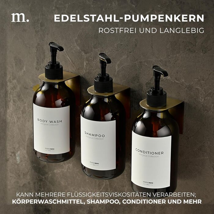 Шампунь MaisoNovo: набір з 3 пляшок для наповнення (500 мл) з дозатором, колір - бурштиновий, чорний насос