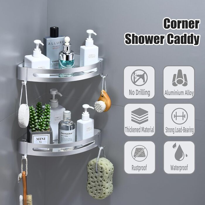 Поличка для душу без свердління, кутова поличка для ванної кімнати з алюмінію, трикутна корзина для душу з гачками, органайзер для шампуню, стійка до іржі (2 шт., піскоструминне золоте покриття) (Блискучий срібло)