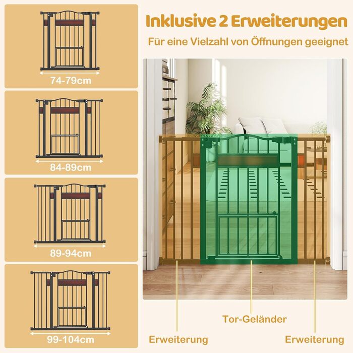 Захист для дверей Costway для собак, 74-104 см, 76 см висота, з маленькими дверцятами, 2 розширення, автозакривання та подвійний замок, без свердління, розсувне захисне ґратка для собак (Білий/Чорний)