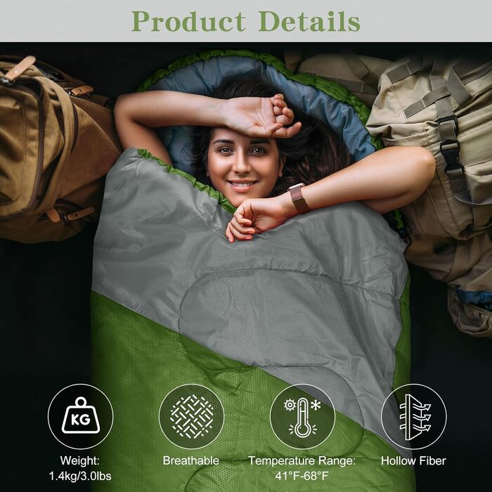 Yarmiene 3-4 Season Sleeping Bag - Outdoor Rectangular Sleeping Bag for Adults & Kids - Warm & Portable for Camping, Hiking (Green+Gray)