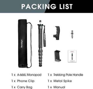 Монопод для камери Manbily 32мм з алюмінію, 44-174см, 6 секцій, з ручкою-гнітом, для DSLR, відеокамер, з кріпленням для телефону, до 15кг (металевий сірий)