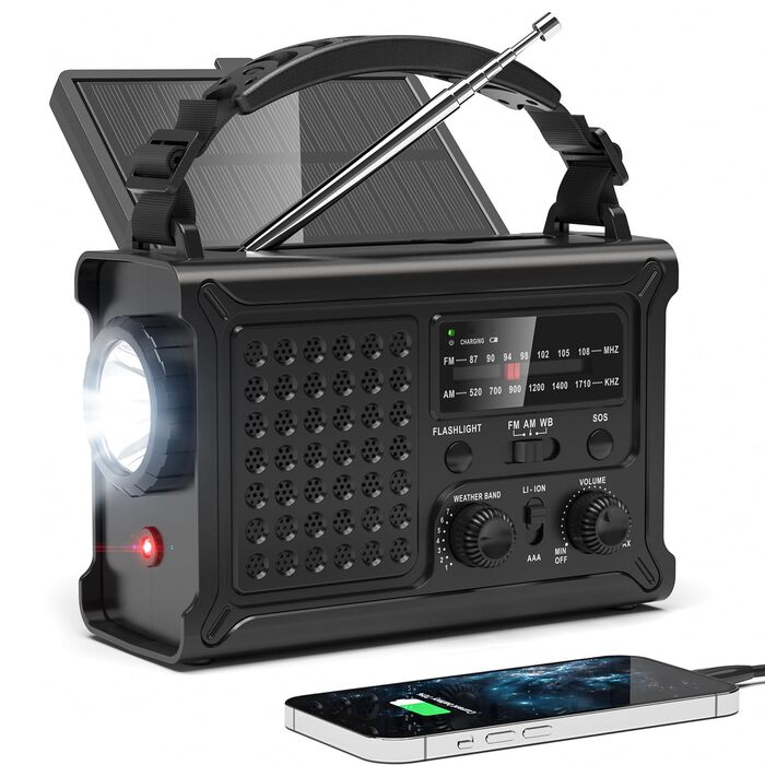 Радіо NOAA для надзвичайних ситуацій, 12000 мАг/44400 мВт·год, портативне AM/FM з сонячною/ручною/USB-підзарядкою, SOS-сигналом для використання в приміщенні та на вулиці, чорне