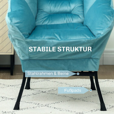 HOMCOM Armchair Living Room Lounge Chair Padded Recliner Chair with Side Pocket, Steel Legs Upholstered Chair with Velvet Look, Single Chair for Bedroom, Blue | Aosom