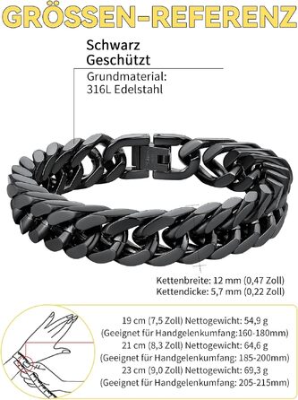 Чоловічий браслет-ланцюг Panzer від ChainsHouse з нержавіючої сталі, стиль хіп-хоп, чорний (ширина 12 мм, довжина 21 см) у подарунковій коробці