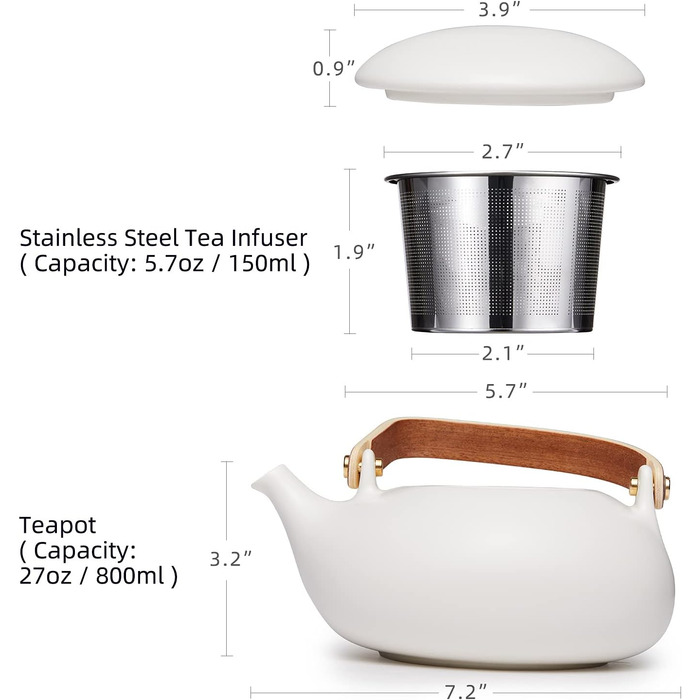 ZENS Modern Japanese Teapot, 800ml Matte White Ceramic Teapot with Infuser, Wooden Handle Small Japanese Teapot for Loose Leaf Tea, White Tea, Green Tea Steeper, Gift for Tea Lovers