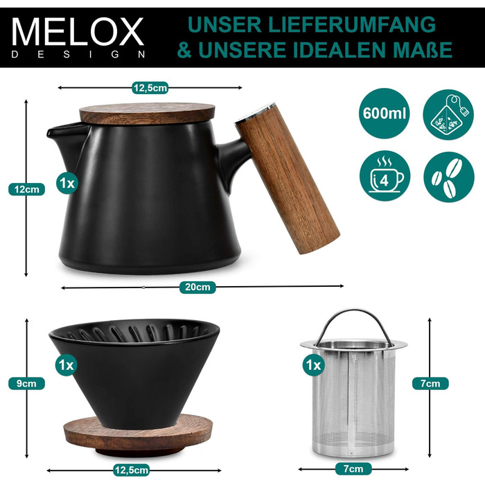 MELOX 2-в-1 чайник і кавоварка з ситечком, порцеляновий, 600 мл, для чаю та фільтр-кави, з кришкою