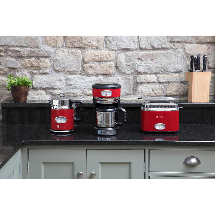 Russell Hobbs Toaster [for 2 slices] Retro Stainless Steel Red (Retro-style countdown display, includes bread roll attachment, 6 browning levels + defrost & reheat function, 1300W) Vintage 21680-56
