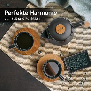 Набір для чаю Miamio: чайник 1 л з ситечком та 4 чашки (300 мл), підставка з бамбука. Кераміка, білий/чорний
