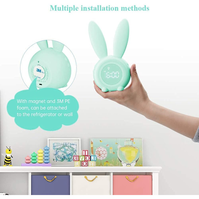 Gentle Light Alarm Clock Bunny Clock Children's Alarm Clock Rabbit Alarm Clock Wake Up Light Creative Lamp Bedside Lamp Night Light, Snooze Function, 6 Sound Options, Timed Night Light Green