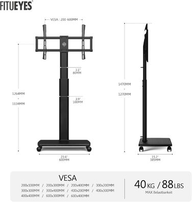 FITUEYES Rolling TV Stand with Wood Shelf - Adjustable Height & Swivel - Fits 32-70 inch TVs (up to 40kg, VESA 400x600) - Black