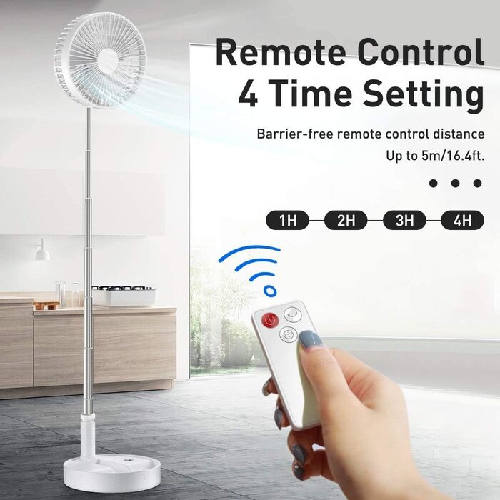 AICase Battery-Powered Table and Stand Fan, Cordless with Remote Control, Quiet 4-Speed Portable Fan, Height Adjustable and Foldable; Ø 19.7 cm, 7200mAh Rechargeable, incl. USB-C Charging Cable