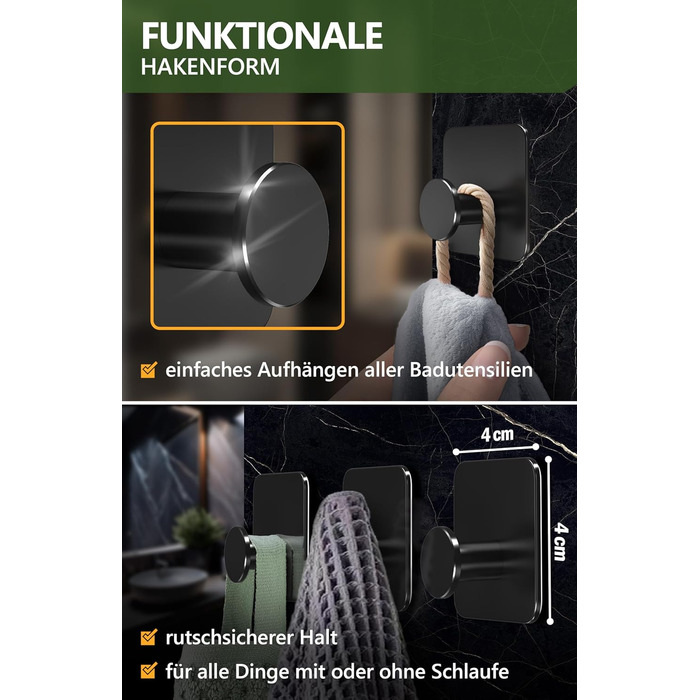 Набір тримачів для рушників 4smile (6 шт.) без свердління, з нержавіючої сталі, чорний. Самоклеючі гачки для ванної кімнати, висока вантажопідйомність.