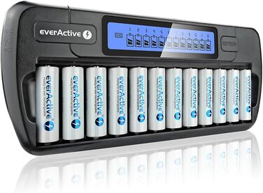 Зарядний пристрій everActive для 12 акумуляторів AAA/AA, швидка зарядка (4 години), LCD дисплей, режим оновлення, адаптер для автомобіля, модель NC-1200