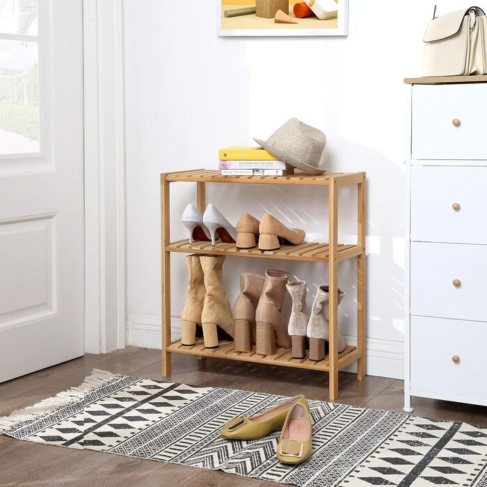 SONGMICS 3-Tier Shelves Bathroom Shelf, Bathroom Rack, Kitchen Shelf, Shoe Shelf, Bamboo Stand Shelf, 60 x 26 x 66 cm ideal for Bathroom, Living Room, Hallway, Kitchen, Balcony BCB33Y