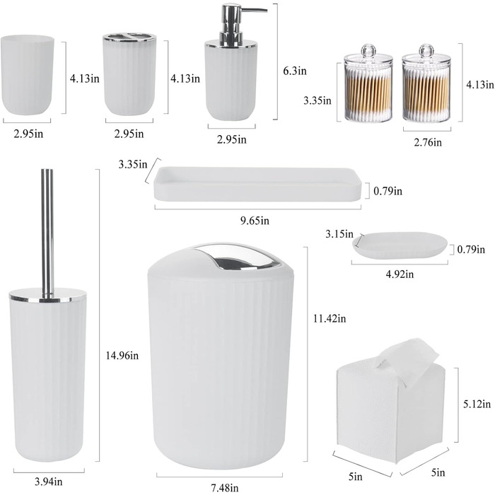 Набір аксесуарів для ванної кімнати, 10 предметів: сміттєвий бак, тримач для зубних щіток, мильниця, дозатор мила, тримач для унітазного йоржика, контейнер для ватних паличок, кришка для серветок (білий)