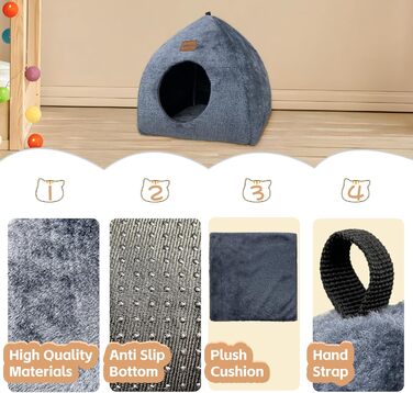 Кішка-будиночок для дому: затишне ліжко-печера для котів з м'яким знімним подушкою, 40x40x35 см, темно-синій