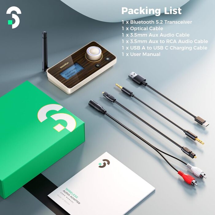 SOOMFON Bluetooth 5.2 Передавач/Приймач: Адаптер 3-в-1 для TV, Аудіосистеми, Навушників, Підтримка aptX LL & HD, Регулювання гучності, Dual Connection, Aux/Оптичний/RCA