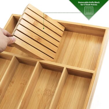 VaeFae Bamboo Cutlery Organizer, Utensil Holder for Drawer, Wooden Cutlery Tray with Divider for Kitchen, Cutlery Storage and Removable Knife Block