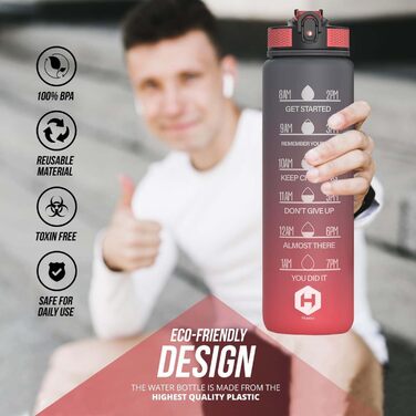 1L Drinking Bottle - BPA-Free Drinking Bottle with Straw and Time Markings - Water Bottle for Bicycle, Outdoor, School, Running, and Gym - Carbonated Drink Bottle Suitable (gray and red)
