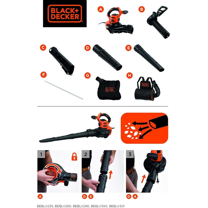 BLACK+DECKER 3-в-1 акумуляторний садовий пилосос-видувка 3000 Вт з подрібнювачем, рюкзаком-мішком 72 л, регульованою потужністю, для терас і доріжок (BEBLV300)