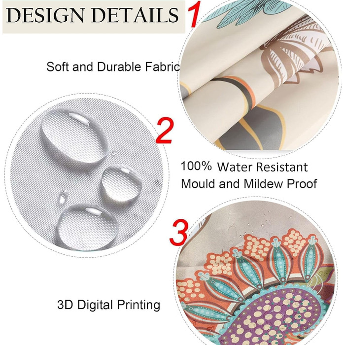 Штора для душу 180x180 см з квітами, антигрибкова, водонепроникна, поліестер, з 12 кільцями (Циан, великий птах)