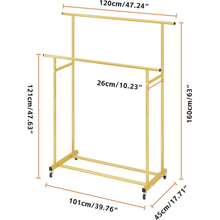 Clothes rack with double bar, rolling clothes rack, portable clothes rack for bedroom, living room, clothing store, gold