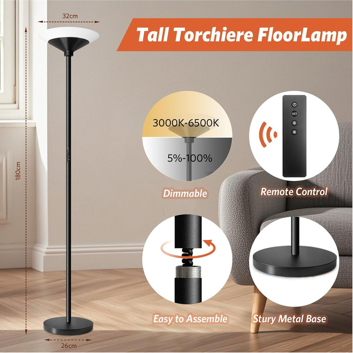 LED торшер BBHome для вітальні з регулюванням яскравості, з лампою для читання 6W, 27W, 3000K-6500K, з пультом та сенсором, колір сріблястий