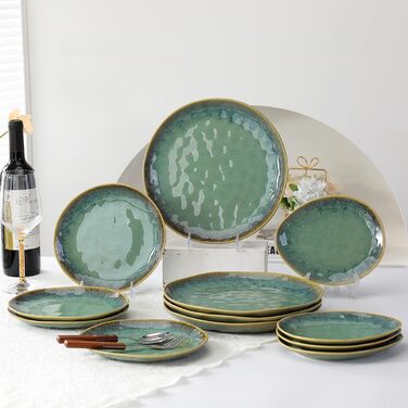 Henten Home 4-Piece Stoneware Plate Set, Green Dessert Plates, Breakfast Plates, Flat Cake Plates, Salad Plates Set for 4 People, Dinner Plate Set