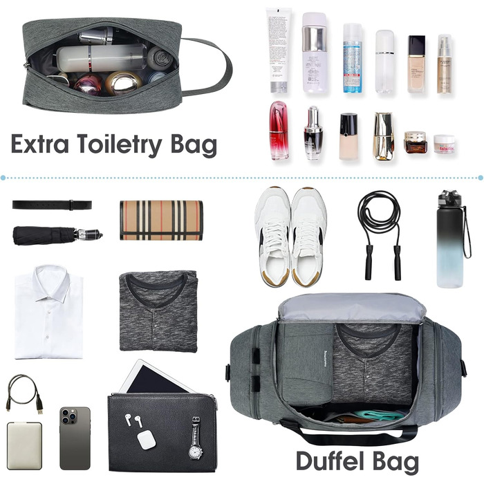 Sports Bag Backpack Duffle Bag for Men with Shoe Compartment & Wet Compartment and Toiletry Bag Weekender Bag Women's Gym Bag with Trolley Sleeve, Grey