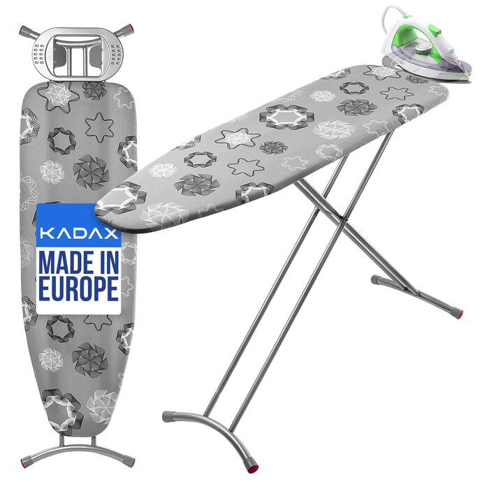 Відкидна гладильна дошка KADAX 120x38 см з металевою сіткою, регульована висота, з підставкою для праски (сіра)