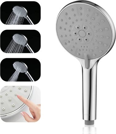 Showerhead Set, 3 Functions, Liquid Silicone - Showerhead Set with Hose and Holder, High Pressure and Water-Saving, Universal with G1/2 inch Connection, Chrome Showerhead for All Family Members (3 Spray Patterns)