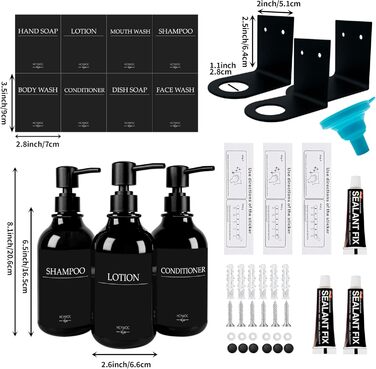 Набір дозаторів для мила та шампуню на стіну, 500 мл, 3 шт., без свердління, колір бурштиновий (чорна пляшка + чорний насос)