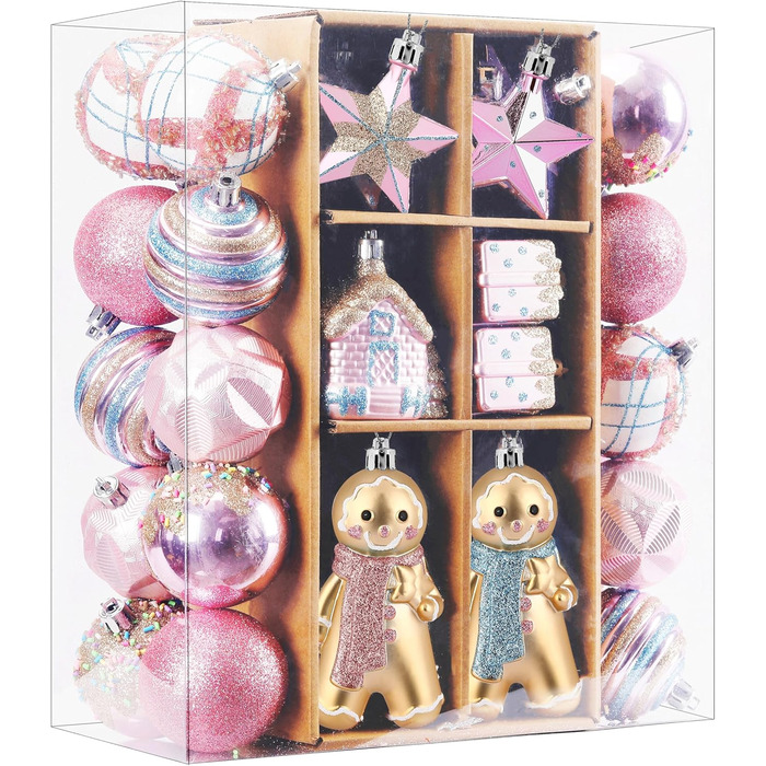 Набір прикрас на ялинку Shareconn 65 шт. з пластику, міцні, з мотузкою, різні розміри та кольори (червоний & білий, макарон)