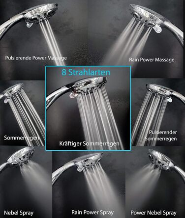 BLUMBACH® Shower Head - Water-Saving - High-Pressure Aqua Joy Shower Head - 8 Spray Patterns, Pressure-Boosting Shower Head, Shower Head, Water-Saving Shower Head, High Water Pressure Strong Jet