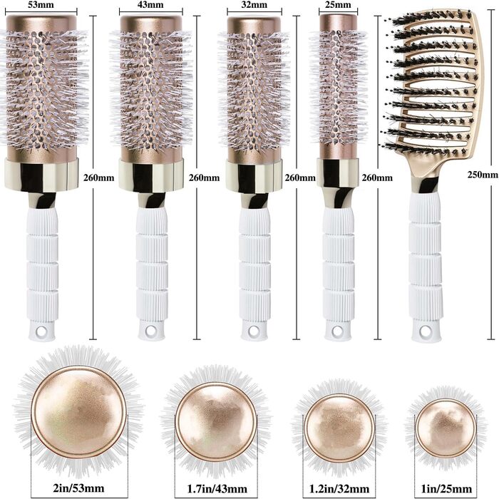 Набір для укладки волосся Haar-Rundbürste: круглі щітки для створення локонів та випрямлення, антистатична керамічна щітка з масажною насадкою та щіткою для розчісування, золота