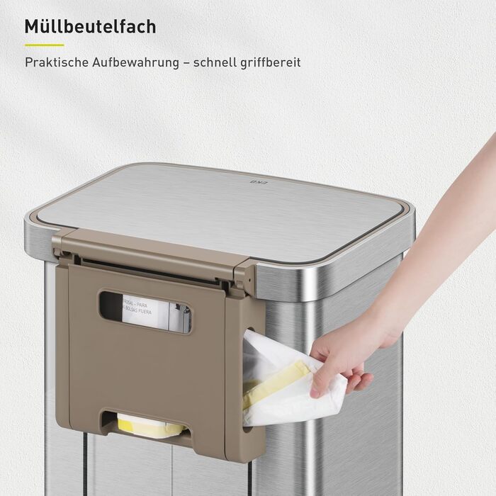 Відро для сміття EKO Madison 30 л з висувним контейнером, м'яким закриттям кришки, стійке до відбитків пальців, нержавіюча сталь, прямокутне, з 20 мішками для сміття 75 л