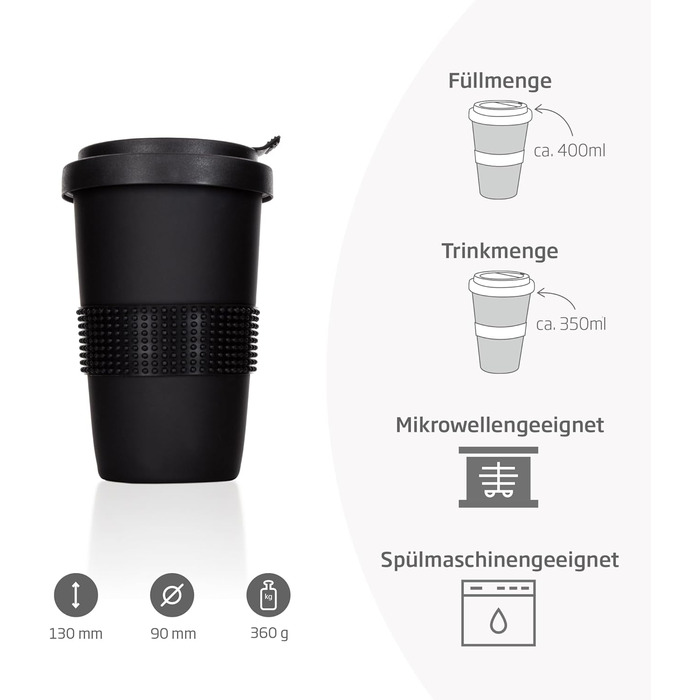 Mahlwerck Coffee-to-go Mug, Porcelain Coffee-to-go Cup with Leak-proof Lid, Design, Grey, 400ml (1 Piece (1-Pack), Black)