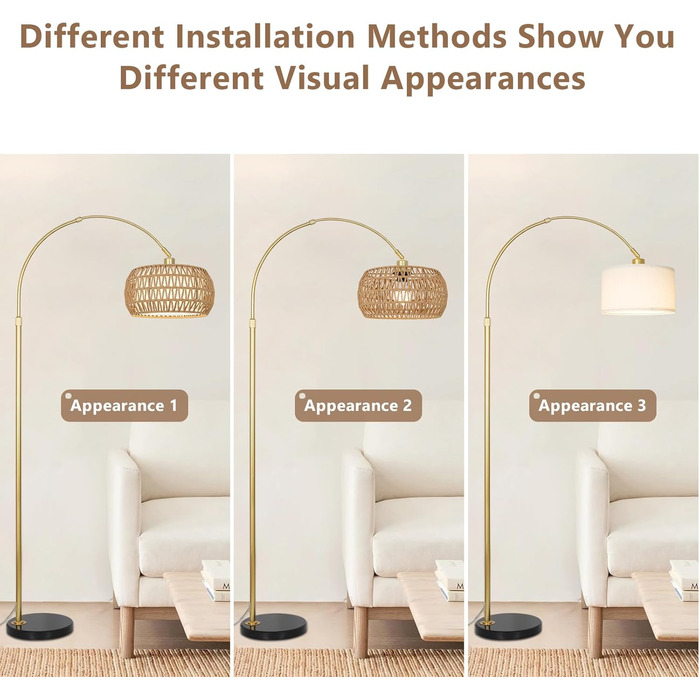 Rayofly Торшер для вітальні Bogenlampe, бохо стиль, ротанг, з пультом ДУ та LED-лампою, керування через додаток, димування, для спальні, офісу (Золотий)