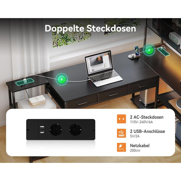 Комп'ютерний стіл Coleshome L-подібний з 5 ящиками та 4 полицями, 180x100 см, з LED-підсвічуванням, розетками та USB, для дому та офісу, білий/чорний